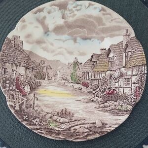 Johnson Brothers Rustic Village Scene Plate in Brown and Gray